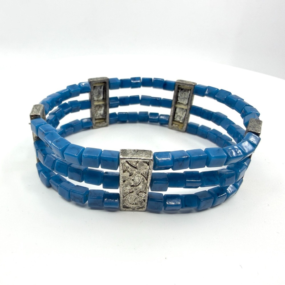 Boho Statement Bracelet Triple Strand Blue Cube Bead Silver Tone Metal Accents